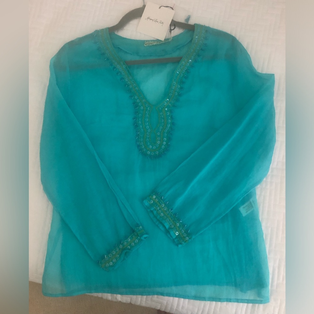 Margaret loves Peter shear teal beaded shirt